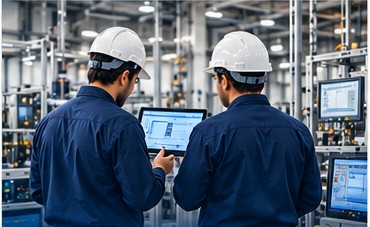 Technicians inspecting industrial controls