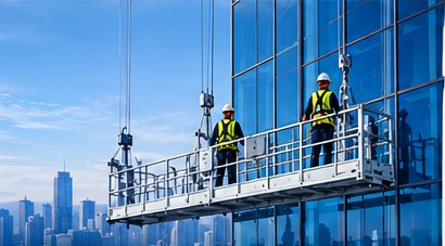 Suspended access platform on glass building